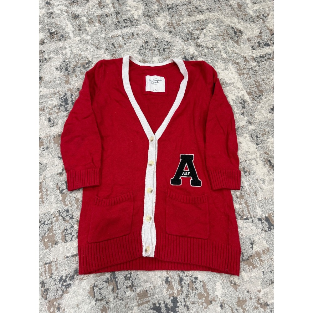 Abercrombie‎ & Fitch Red Varsity Letterman Cardigan Sweater Longline Womens M